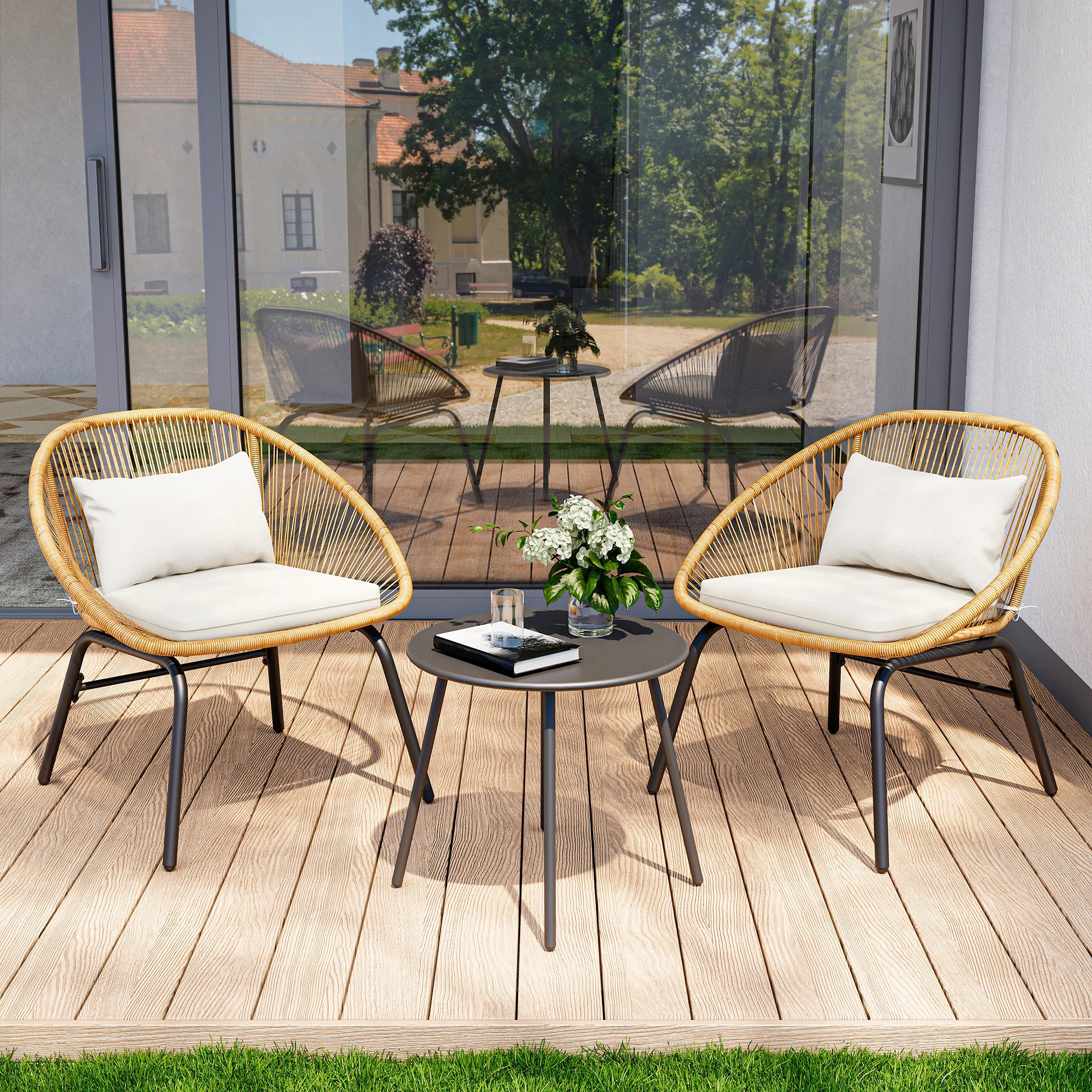 3 Piece Patio Bistro Rattan Chair & Table Set with Cushions | Wayfair North America