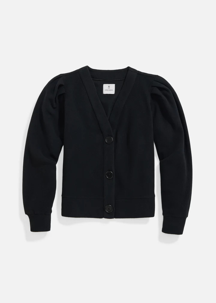 Kelly Puff Sleeve Cardigan in Vello Fleece (Black) | Dudley Stephens