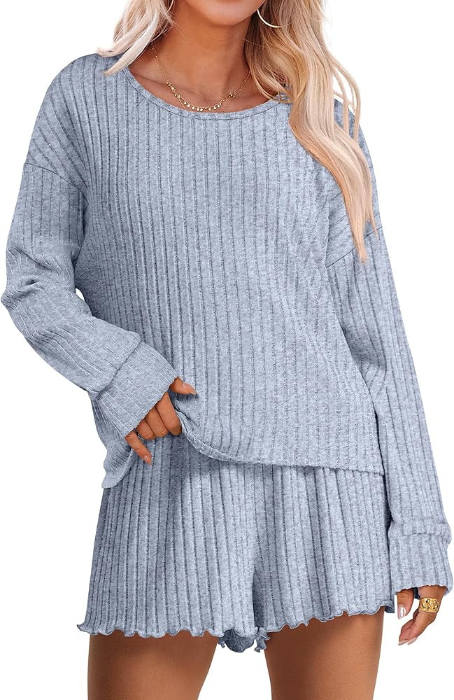 ANRABESS Women's 2 Piece Lounge Pajama Sets Casual Ribbed Long Sleeve Top Matching Shorts Sleepwe... | Amazon (US)