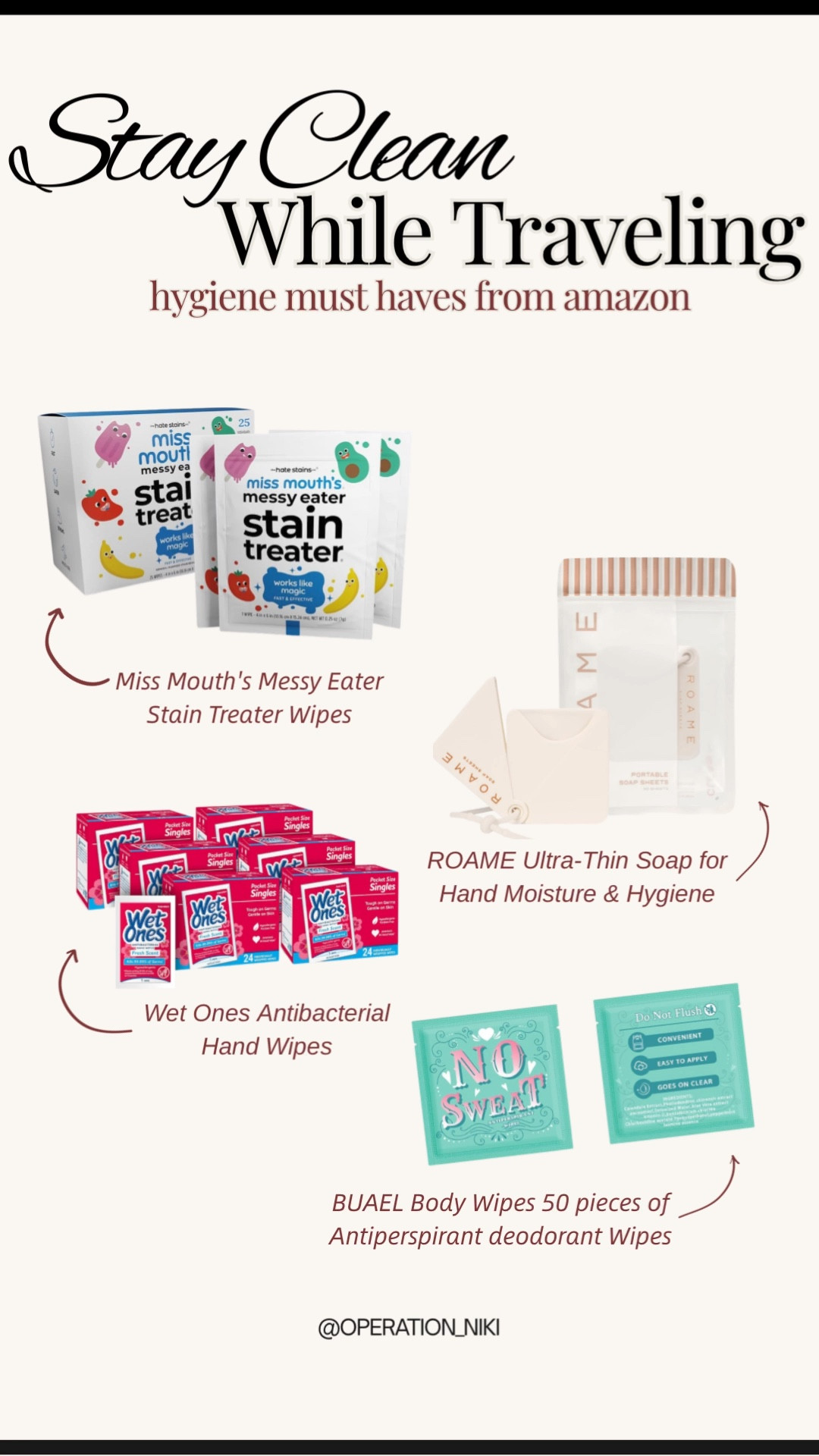 Travel days call for clean, simple essentials ✈️🧼 These hygiene must haves from Amazon make it easy to stay fresh on the go, from quick cleanups to everyday touch ups when you’re moving nonstop. Perfect for carry ons, road trips, and busy travel days when convenience matters. Follow for more @OPERATION_NIKI on IG, TikTok, & Facebook ✨ #travelfinds #amazontravel #travelessentials #hygienemusthaves #amazonmusthaves #travelorganization #ontheroad #carryonessentials #influencerfinds #LTKselfcare #LTKFindsUnder50

#LTKselfcare #LTKTravel