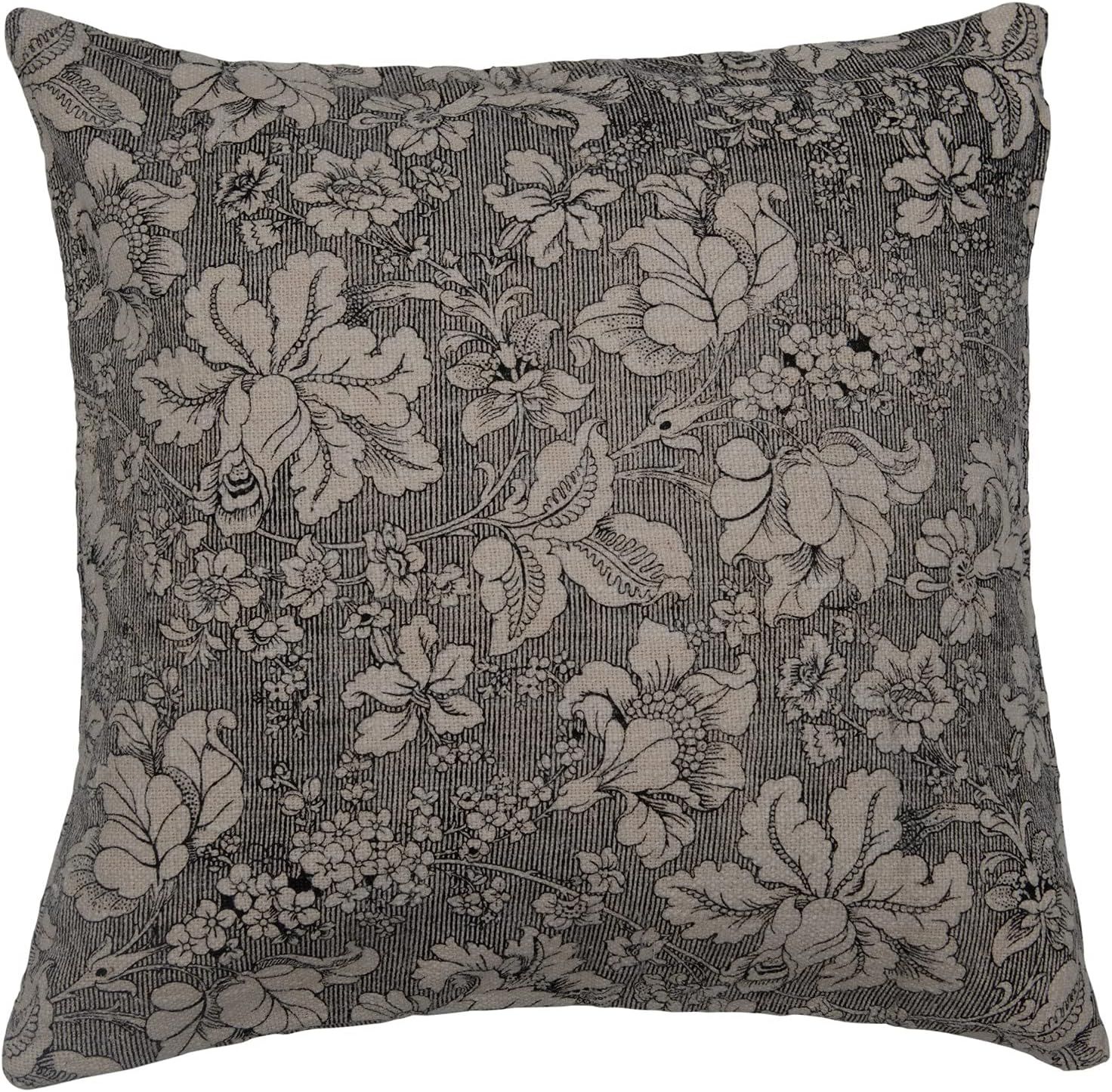 Creative Co-Op 20" Square Cotton Slub Floral Pattern Pillow, 2" x 20" x 20", Black & Cream | Amazon (US)