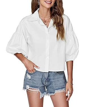 LYANER Women's Collar V Neck Button Down Lantern Short Sleeve Blouse Crop Top Shirt | Amazon (US)