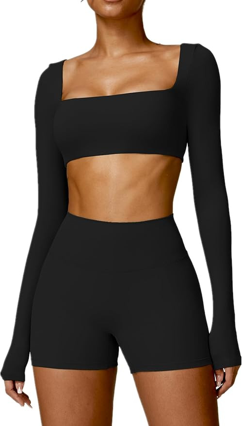 ABOCIW Workout Sets for Women 2 Piece Square Neck Long Sleeve Crop Tops High Waist Biker Shorts G... | Amazon (US)