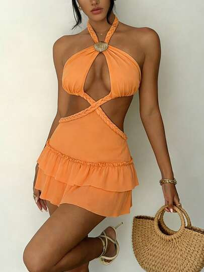 INAWLY Casual Fashionable Summer Vacation Hollow Ruffled Hem Halter Backless Dress | SHEIN UK | SHEIN