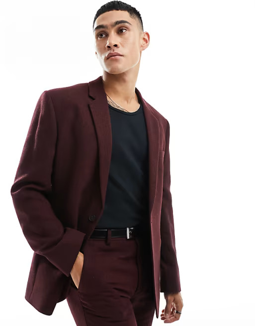 ASOS DESIGN - Veste de costume coupe slim en sergé de laine mélangée - Bordeaux | ASOS (Global)
