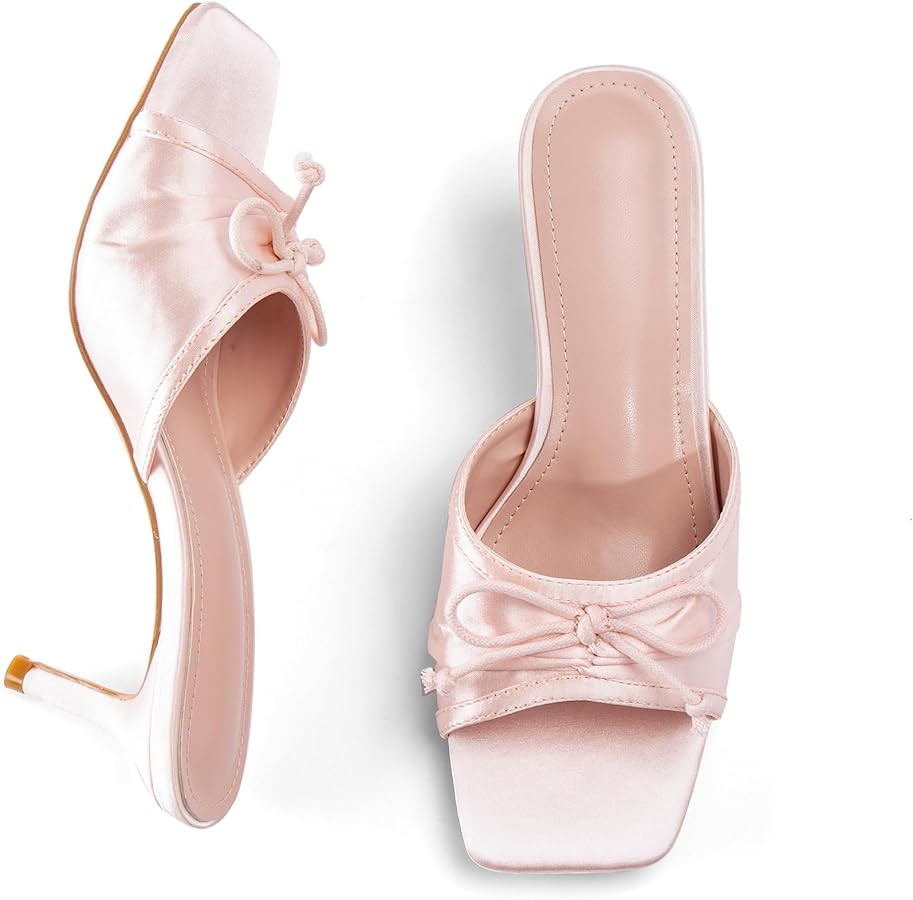 Open Toe Kitten Heels Bow Sandals Slip On Almond Toe Cutout Elegant Mule Sandals for Wedding Part... | Amazon (US)