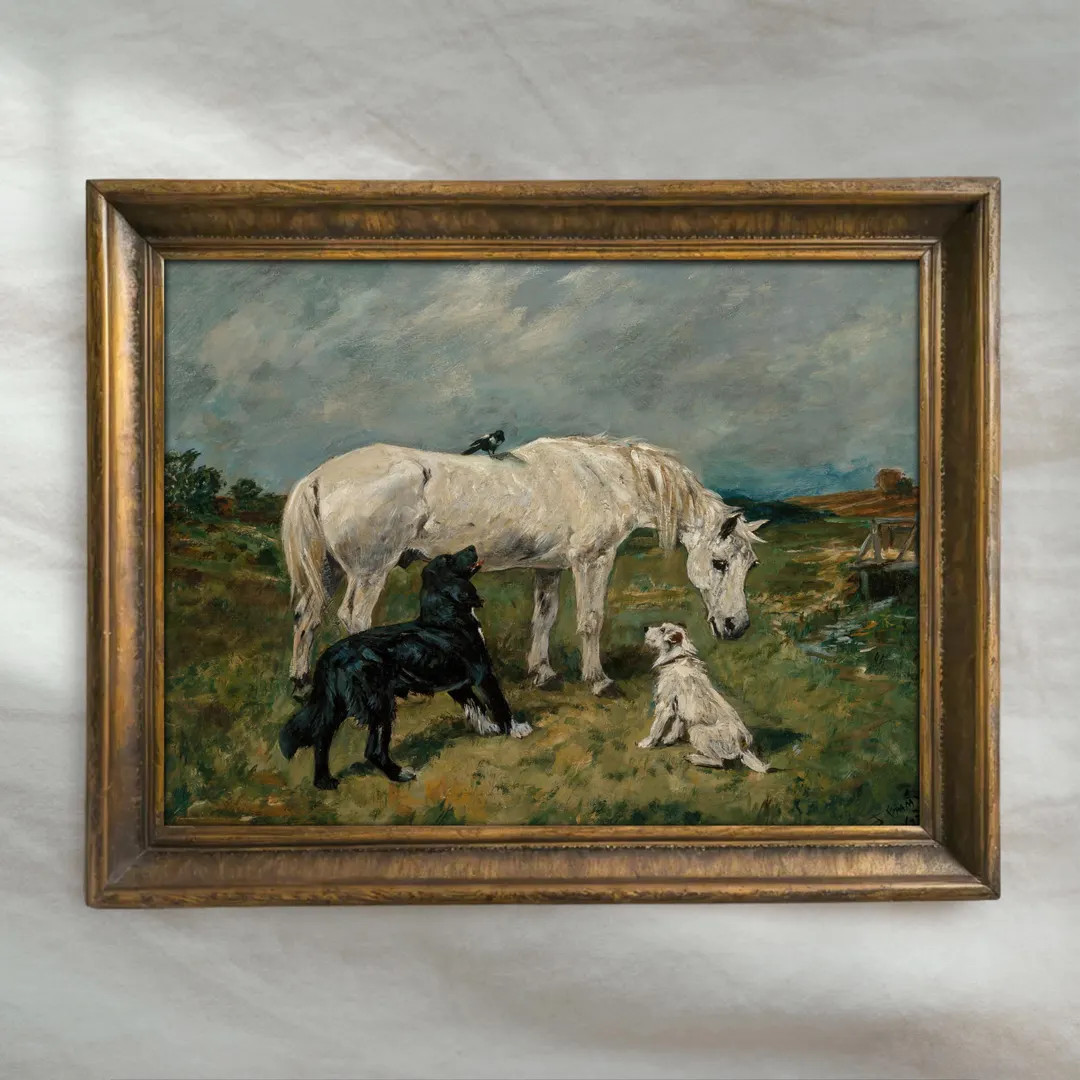 Vintage White Horse Painting | Antique Equestrian Dog Wall Art | Rustic Farmhouse Landscape Decor... | Etsy (US)