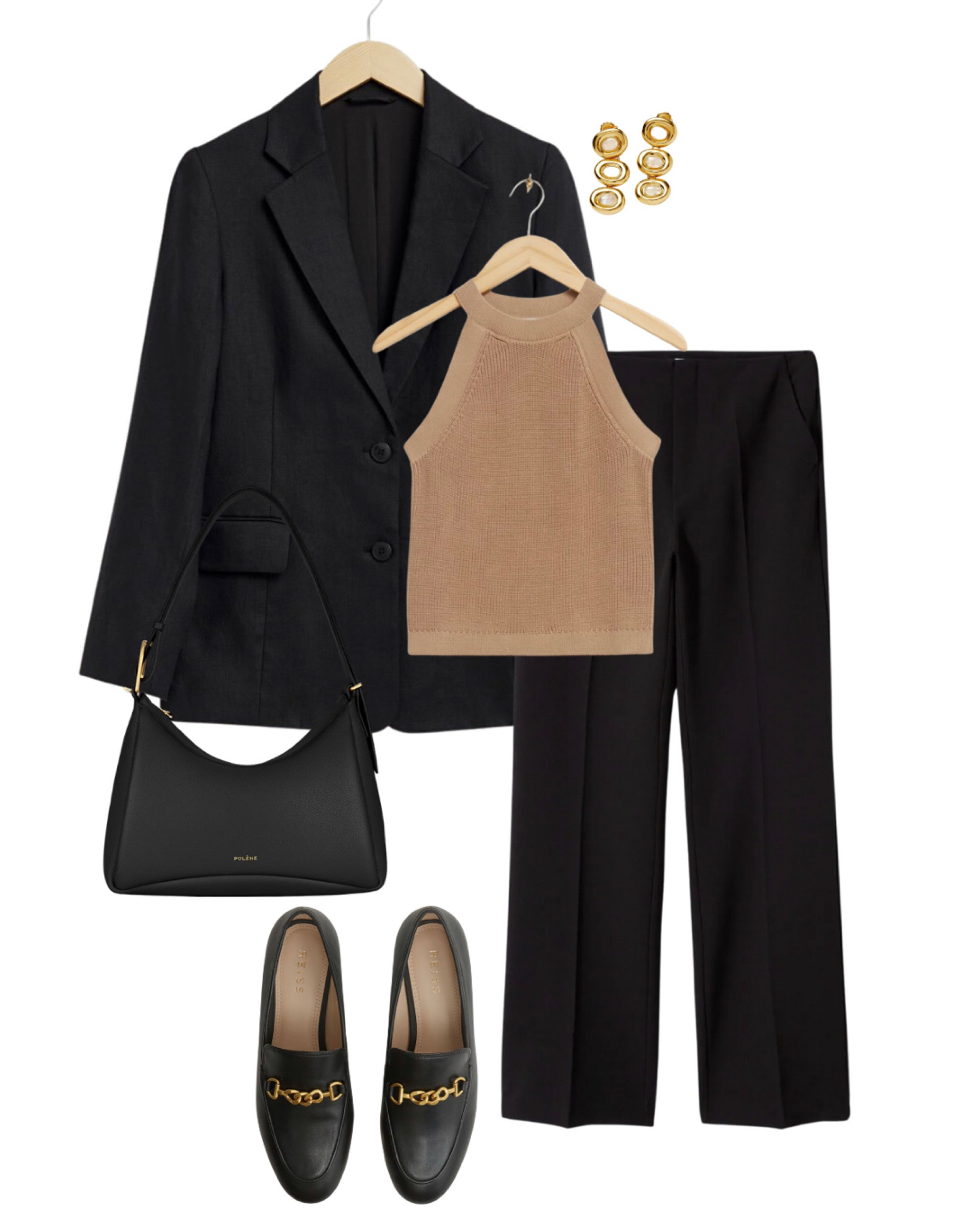 Office outfit inspo (business casual) - a black suit, knit brown sleeves top, loafers and gold jewellery. Bag is from Polene

#LTKstyletip #LTKworkwear #LTKfit