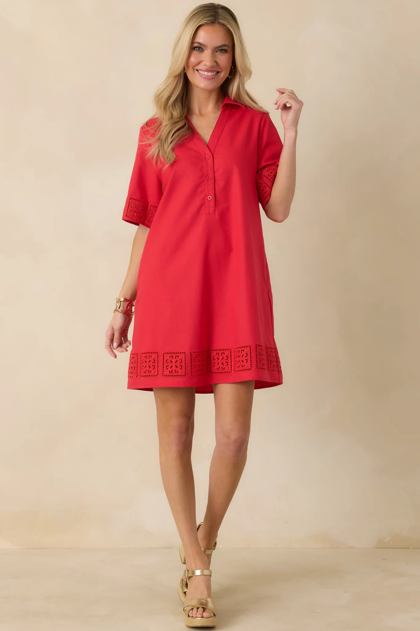 Something About You Red Cotton Blend Cut Out Detail Mini Shirt Dress | Red Dress