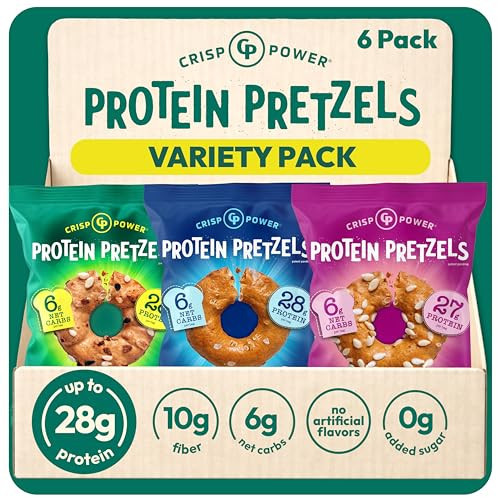 CRISP POWER Protein Pretzels, Variety Pack With Sea Salt, Sesame, & Everything, Up To 28G Protein, High Protein Snack, High Fiber, Low Carb Crunchy Pretzel Snacks, No Added Sugar, 1.75 oz Bags, 6 Pack, Vegan, Keto | Amazon (US)