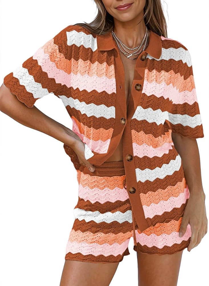 Pink Queen Women Knit Shorts Set 2 Piece Outfits Short Sleeve Button Down Sweater Top and Shorts ... | Amazon (US)