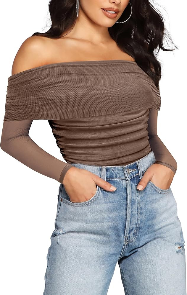 SAUNGKUAI Women's Off The Shoulder Long Sleeve Bodysuit Sexy Slimming Body Suit Tops Sheer Mesh R... | Amazon (US)