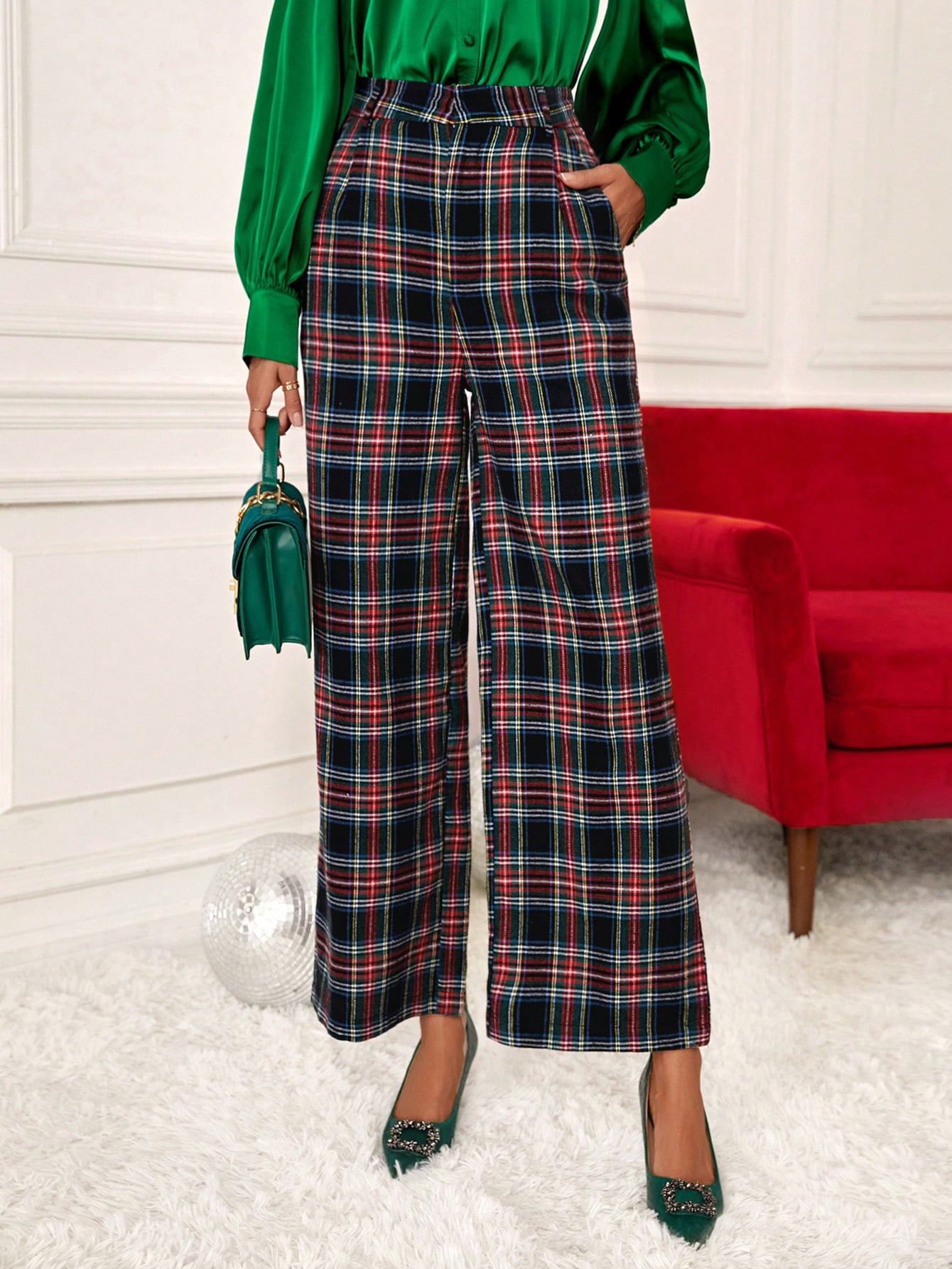 SHEIN Clasi Plaid Print Slant Pocket Wide Leg Pants | SHEIN