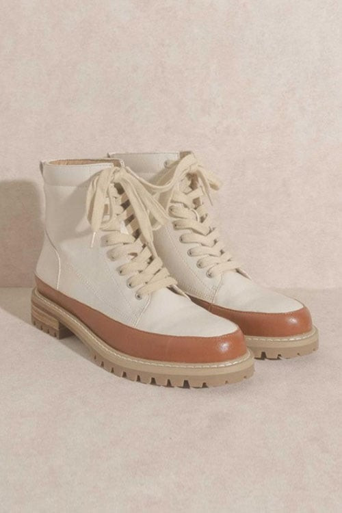 Two Tone Hiking Combat Boots with Lug Sole-Beige and Brown | Fashion Junkee