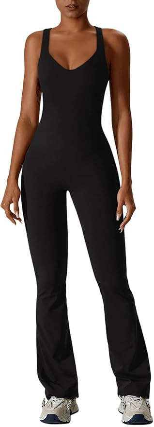 REORIA Women Summer Sexy V Neck Sleeveless Racerback Full Body Tummy Control Workout Bodycon Flar... | Amazon (US)