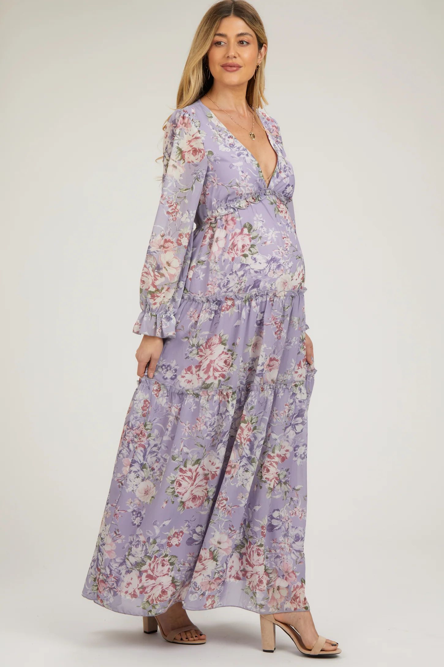 Lavender Floral Chiffon Deep V Ruffle Tiered Maternity Maxi Dress | PinkBlush Maternity