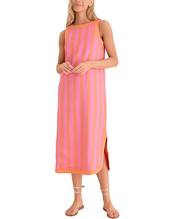 Womens Striped Midi Dress Sleeveless Crewneck Side Slit Casual Summer Beach Vacation Sundress wit... | Amazon (US)