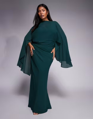 ASOS DESIGN Curve kimono sleeve cape detail draped midaxi dress with open back in khaki | ASOS (Global)