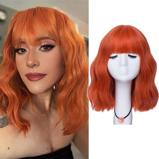 LABEAUTÉ Ginger Orange Short Wavy Bob Wig with Air Bangs for Women, Heat Resistance Shoulder Len... | Amazon (US)