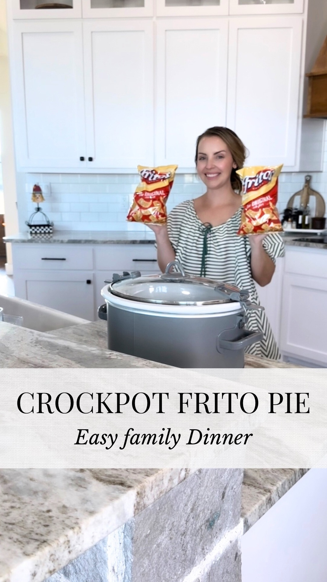 CROCKPOT FRITO PIE 🍲 ✨ 
1️⃣Spread 1 bag of Fritos in bottom of crockpot.
2️⃣Brown 2lbs of  hamburger meat with 2 taco seasoning packets + 1 diced white onion.
3️⃣ Add cooked meat, 1 can beans, 1 can red enchilada sauce. (Optional: add 1 can Rotel🌶️)
4️⃣ Sprinkle in shredded Mexican cheese.
5️⃣Top with ½ bag of Fritos.

•Cook on High 1-2hrs.
•Serve with ranch, sour cream, jalapeños, or your favorite toppings. Enjoy! ☺️

👉🏻Save this reel for later & follow for more easy recipes.

#crockpotmeals #easydinners
#momhacks #farmhousekitchens #recipesforyou #fritopie

#LTKFamily #LTKHome #LTKParties