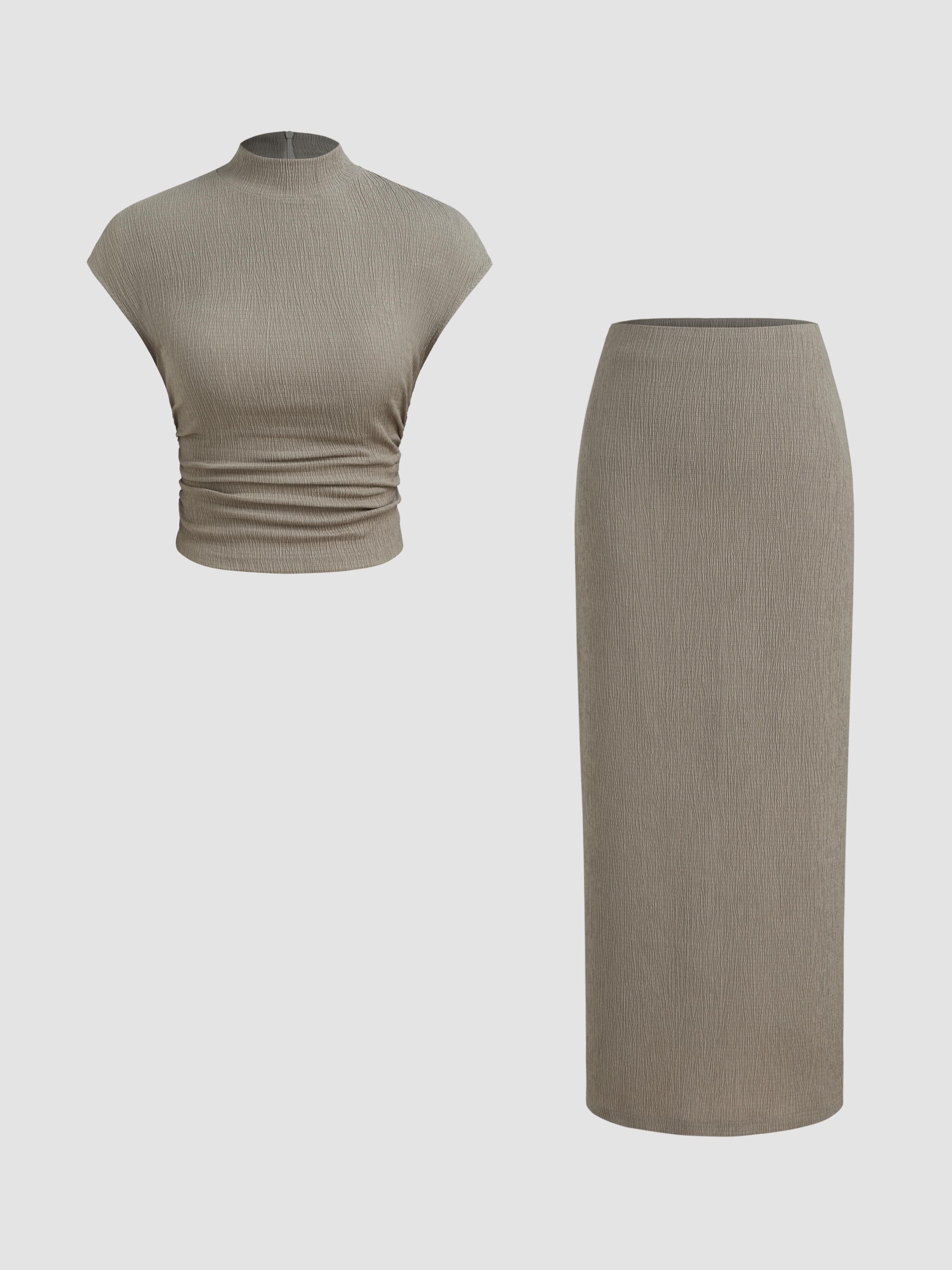 Knit Fabric High Neck Solid Texture Ruched Tank Top & Mid Rise Solid Texture Split Maxi Skirt For... | Cider