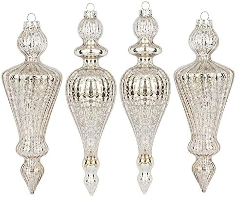 KI Store Mercury Glass Finial Christmas Ornaments Set of 4 Champagne Silver Large Hanging Christm... | Amazon (US)