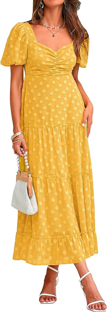 BTFBM Women's Summer Floral Dresses 2024 Casual Short Sleeve Square Neck Ruffle Long Beach Dress ... | Amazon (US)