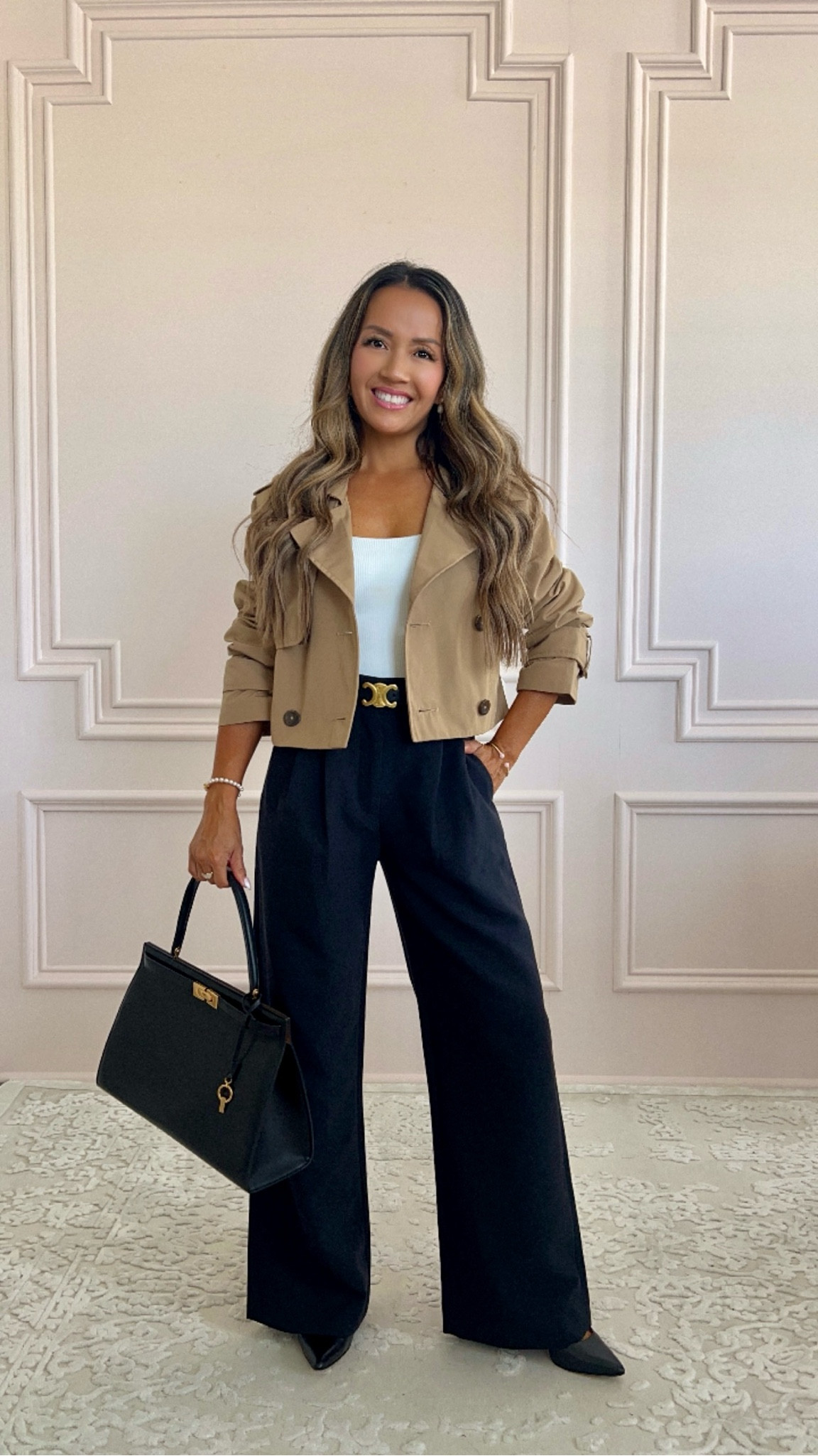 Classic cropped trench coat, black trousers and white bodysuit 

Love this fall work outfit so much! 

Wearing XXS in trench, XXS in top, 24 short in trousers 

#LTKFindsUnder100 #LTKFallSale #LTKFindsUnder50