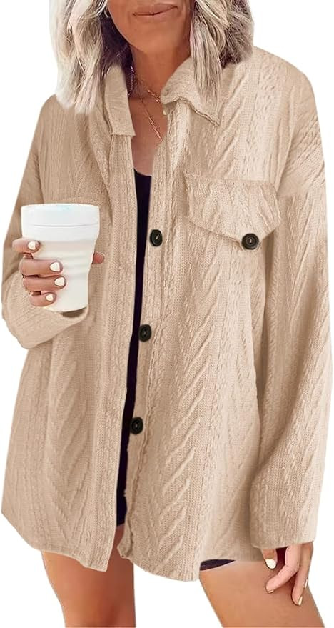 miduo Womens Long Sleeve Shirts Oversized Textured Knit Button Down Shacket Jacket Coats | Amazon (US)