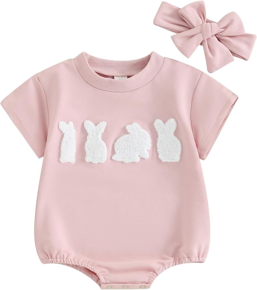 FYBITBO Newborn Baby Girl Easter Outfit Bunny Romper Short Sleeve Onesie Bodysuit Headband Infant... | Amazon (US)
