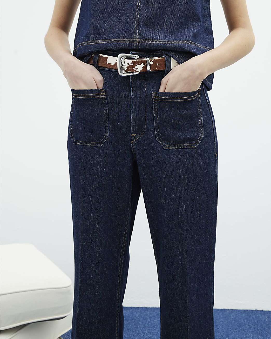 Blue Denim High Waisted Pocket Wide Leg Jeans | River Island UK & IE