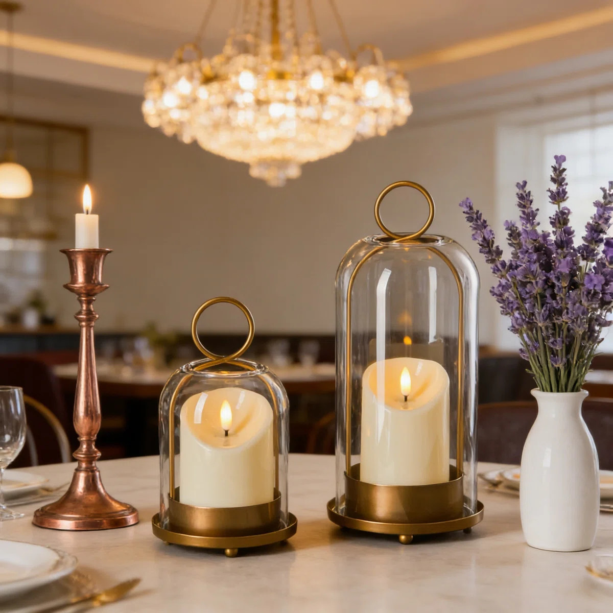 Brass Hurricane Candle Holders Set Of 2 With Glass Domes, For Pillar Candles And Plants | Wayfair North America