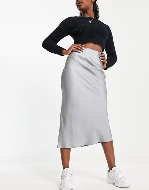 Pull&Bear midaxi satin slip skirt in silver | ASOS (Global)