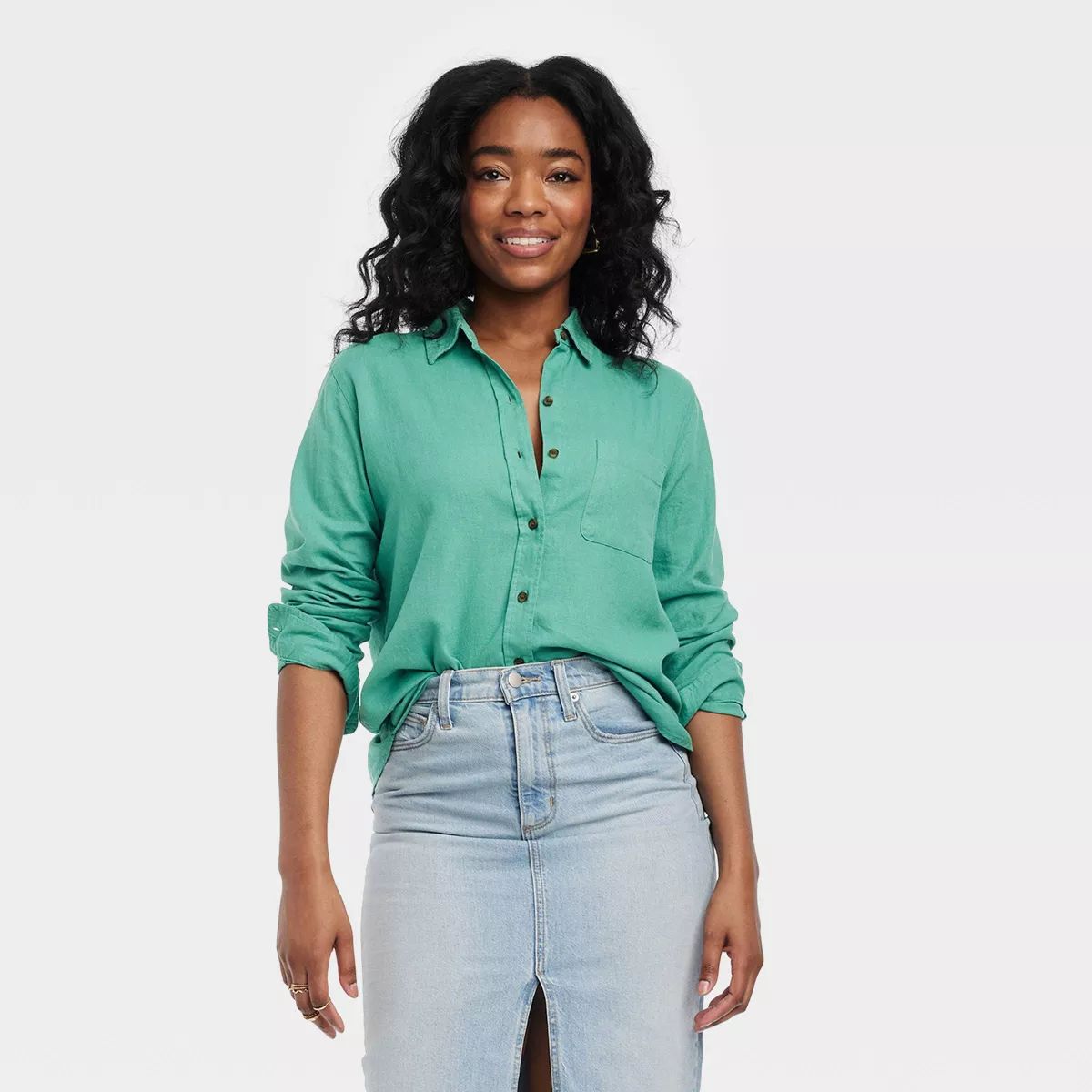 Women's Linen Long Sleeve Collared Button-Down Shirt - Universal Thread™ Green S | Target
