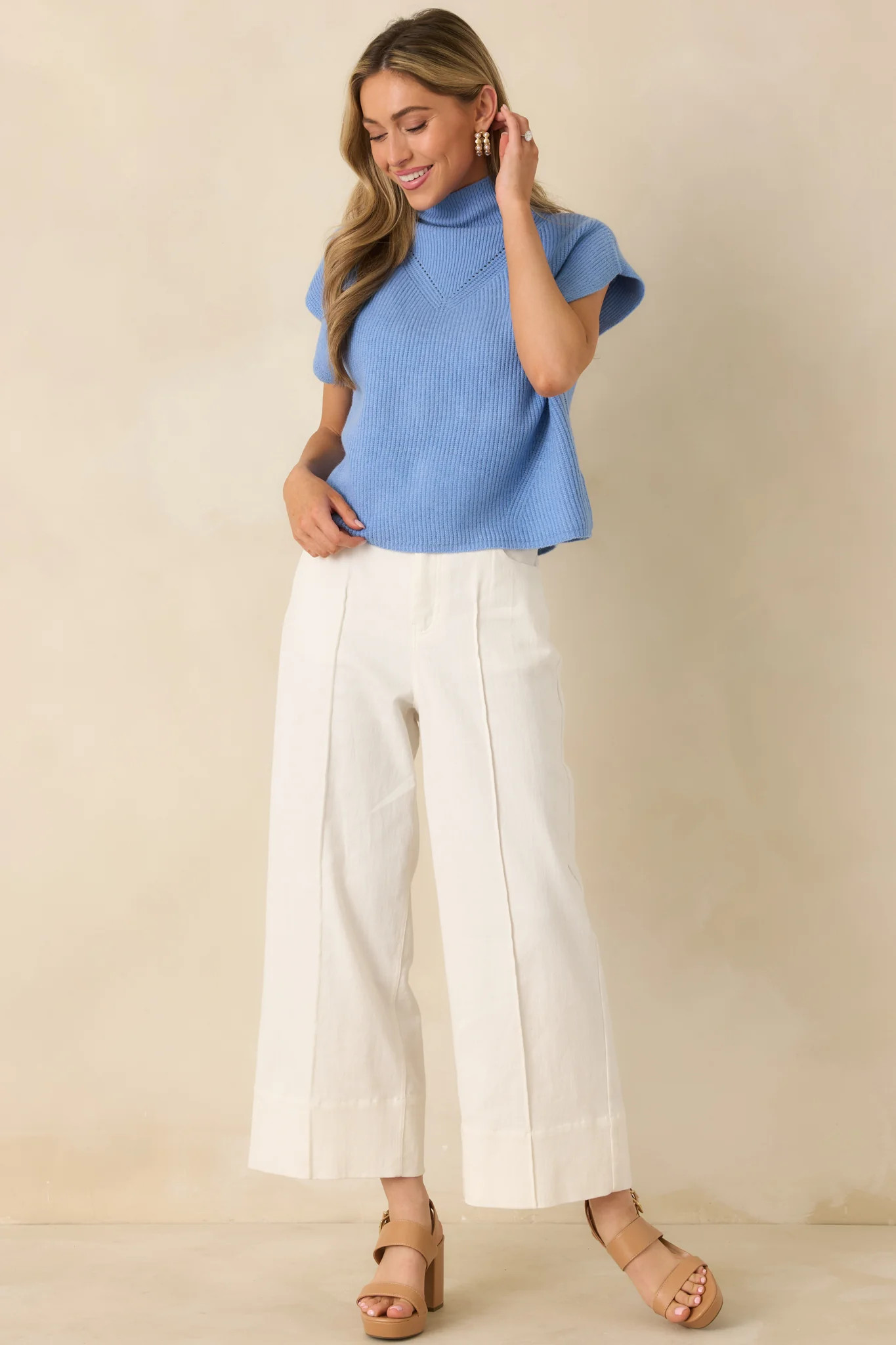 Cool Intentions Blue Ribbed Knit Mockneck Cap Sleeve Sweater | Red Dress