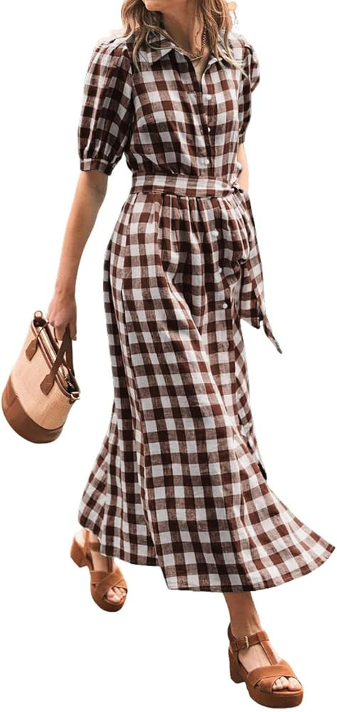 CHARTOU Women Summer Plaid Puff Short Sleeve Dress Button Down Long Shirt Dress with Belt | Amazon (US)