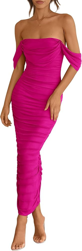 PRETTYGARDEN Womens Summer Off The Shoulder Dress Ruched Bodycon Sleeveless Split Cocktail Party ... | Amazon (US)