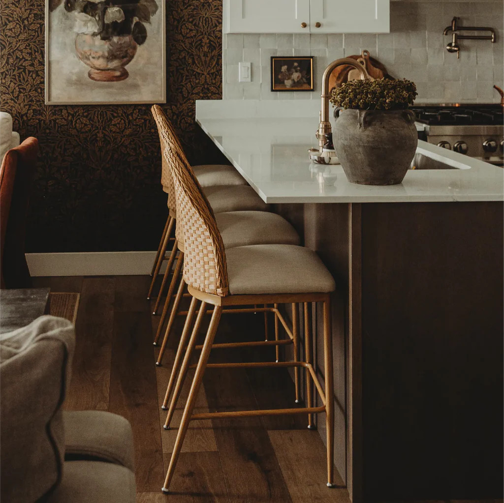 Barcelona 25.5" Beige Rattan Upholstered Counter Stool (Set of 3) | Pop Maison