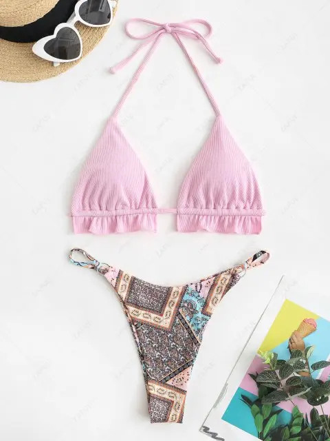 ZAFUL Bohemian Ribbed Halter O Ring Bikini Swimwear | ZAFUL (Global)