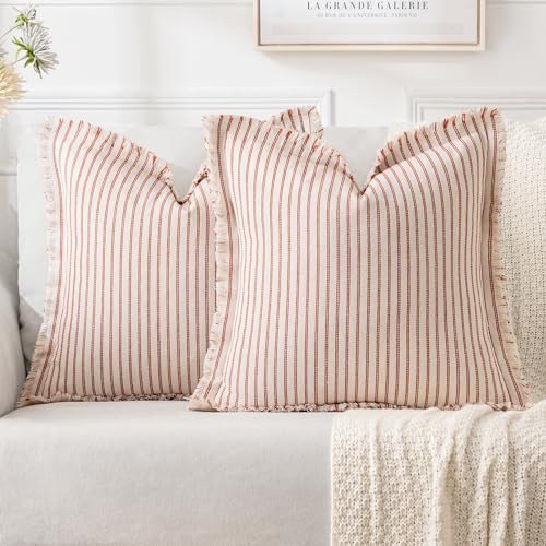 MIULEE Pack of 2 Rust Pillow Covers 22x22 Inch Striped Farmhouse Couch Throw Pillow Covers with Fringe Chic Linen Decorative Cushion Covers for Sofa Living Room Bed Outdoor Home Decor | Amazon (CA)