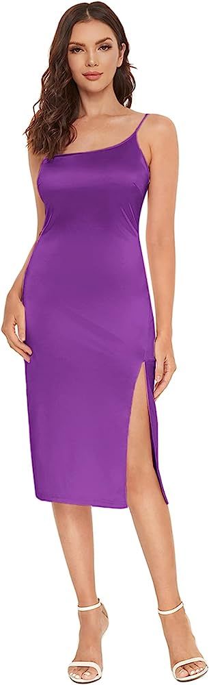 Romwe Women's Elegant One Shoulder Sleeveless Split Hem Satin Party Cocktail Midi Dress | Amazon (US)