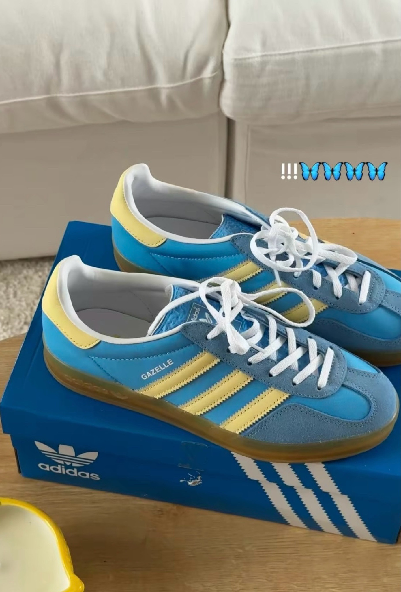 Blue burst yellow adidas gazelle shoes 

#LTKstyletip #LTKshoecrush #LTKfindsunder100