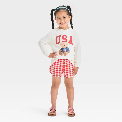 Toddler Girls' 2pc Americana USA Teddy Bear Pullover Sweatshirt and Gingham Shorts Set - Red | Target