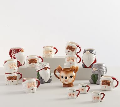 Santa Claus Shaped Handcrafted Assorted Ceramic Mugs - Set of 4 | Pottery Barn (US)
