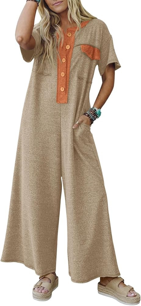 Fisoew Womens Casual Loose Jumpsuits Short Sleeve V-Neck Button Down One Piece Outfits Wide Leg S... | Amazon (US)
