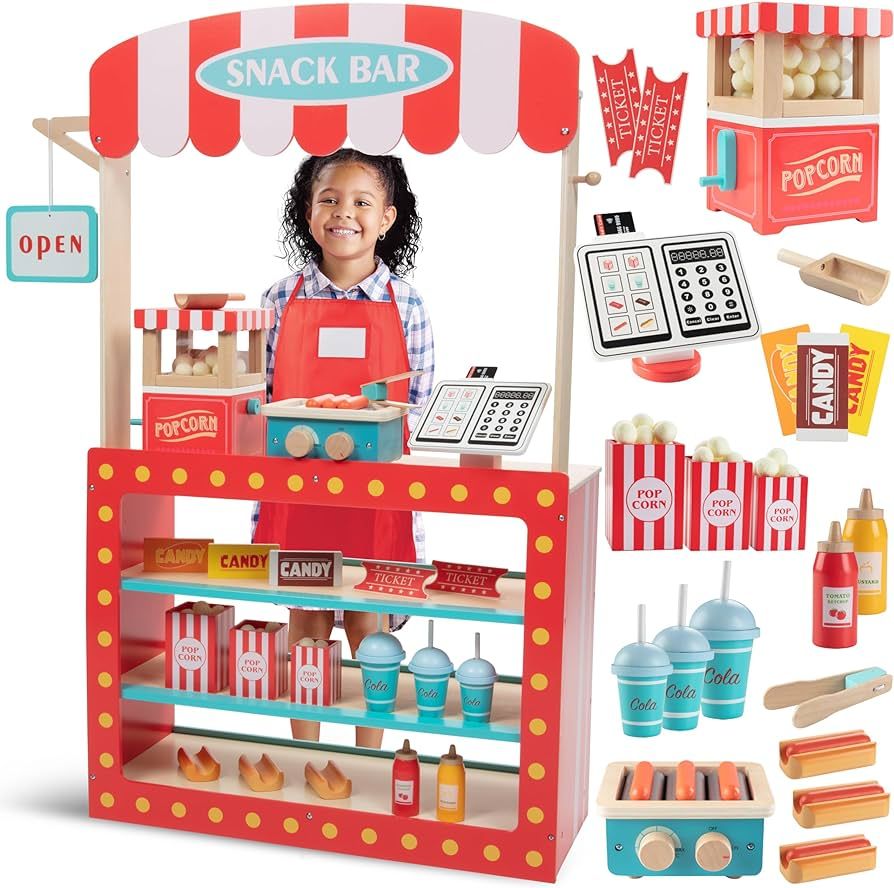 Movie Theatre Snack Bar Wooden Playset - Pretend Concession Stand Fun- Full Set Includes Popcorn ... | Amazon (US)