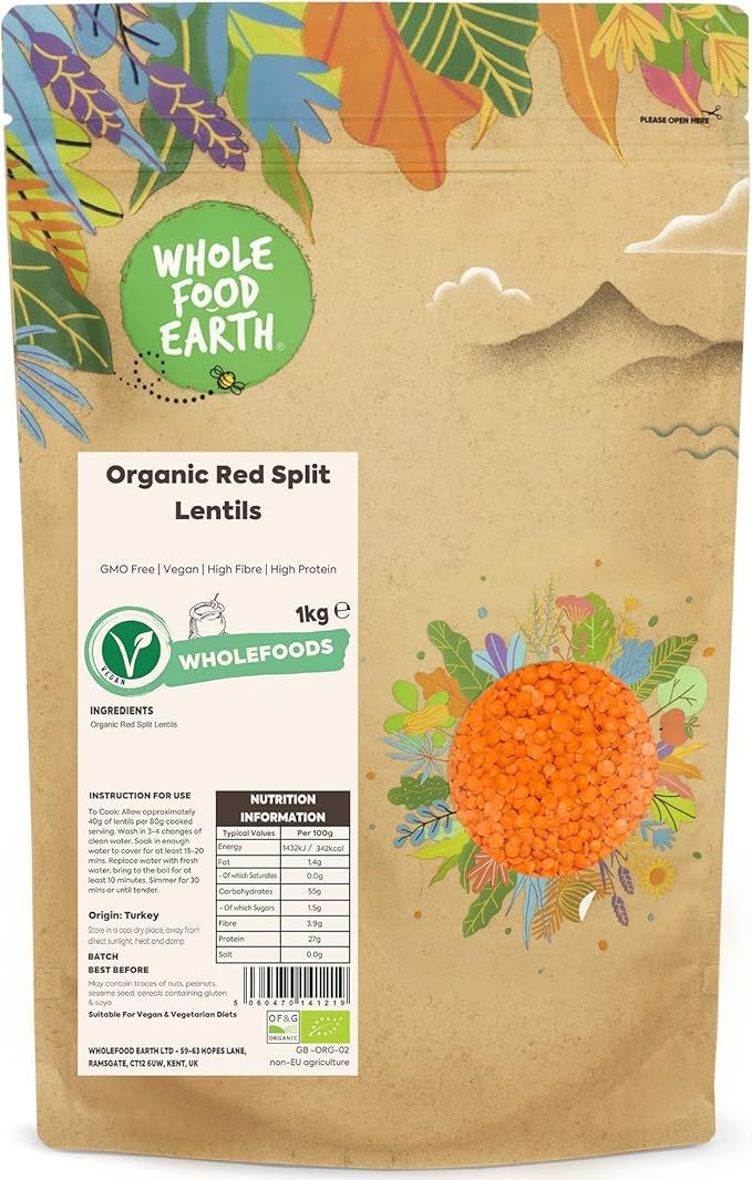 Wholefood Earth Organic Red Split Lentils 1kg GMO Free | Vegan | High Fibre | High Protein | Cert... | Amazon (UK)