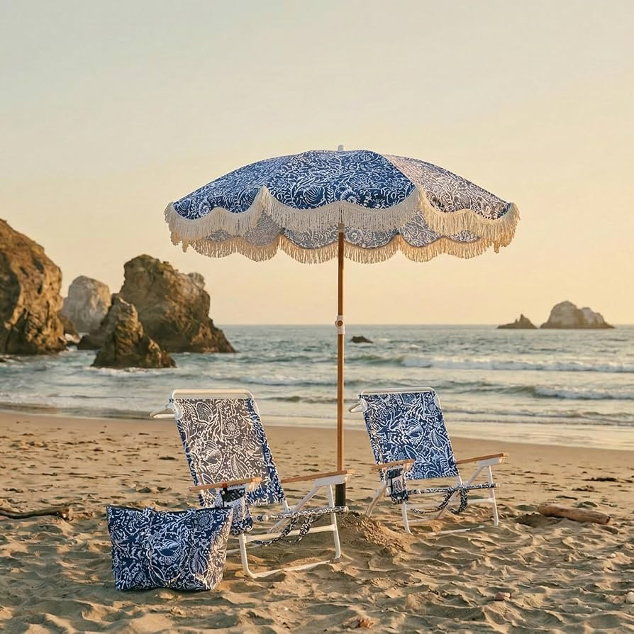 3-Piece Beach Set – 6FT UPF 50+ Fringe Sun Umbrella & 2 Low Chairs with Wooden Armrests, Foldab... | Amazon (US)