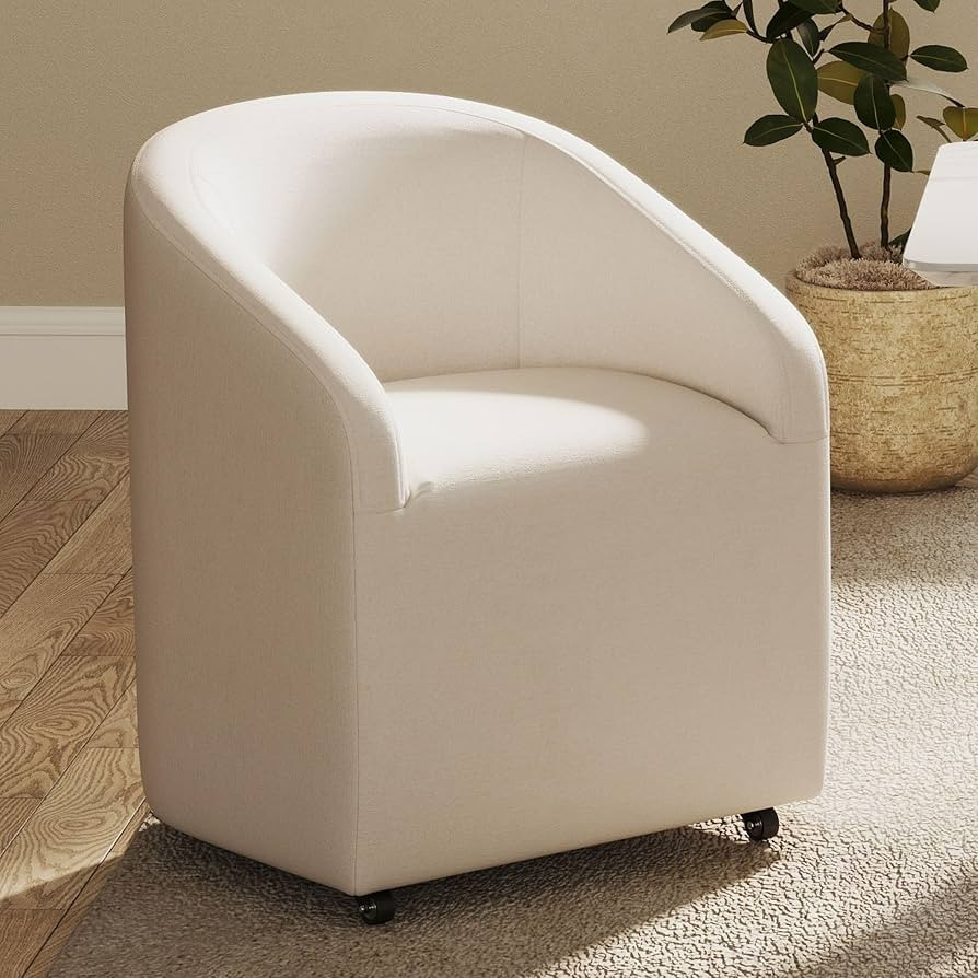 Modern White Upholstered Dining Chairs with Swivel Casters, Linen Barrel Back Accent Side Chair f... | Amazon (US)