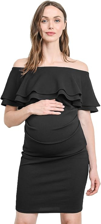 LaClef Women's Off Shoulder Maternity Dress with Double Ruffle | Amazon (US)